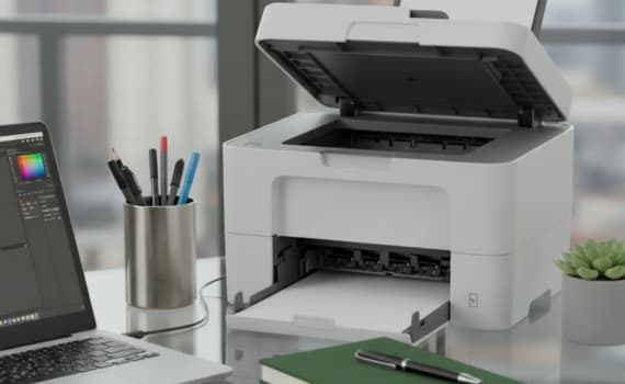 Schreibtisch mit geöffnetem Drucker, Laptop, Stiftehalter, Notizbuch und Pflanze vor Fenster.