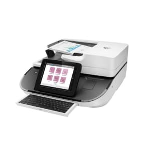 Multifunktionsgerät mit integriertem Touchscreen und Tastatur, zeigt Menü auf Bildschirm.