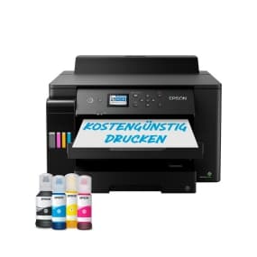 Kostengünstig drucken – Schwarzer Epson-Drucker mit vier Tintenflaschen in verschiedenen Farben