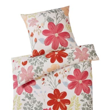 Bettwäsche mit großem Blumenmuster in Rot-, Rosa- und Grüntönen