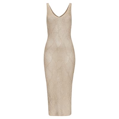 Ärmelloses, knielanges Kleid mit V-Ausschnitt in beige mit dezentem Muster.