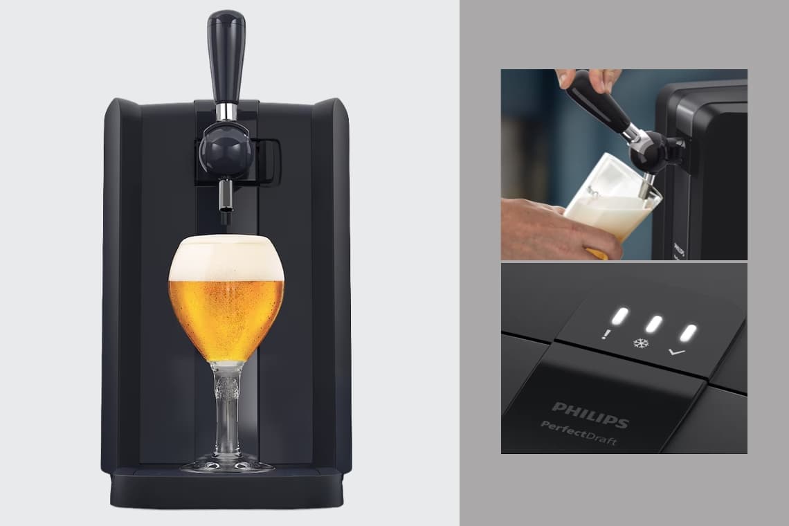 Philips PerfectDraft – Zapfanlage mit gezapftem Bier, Hand bedient Zapfhahn, LED-Anzeige auf Oberseite.