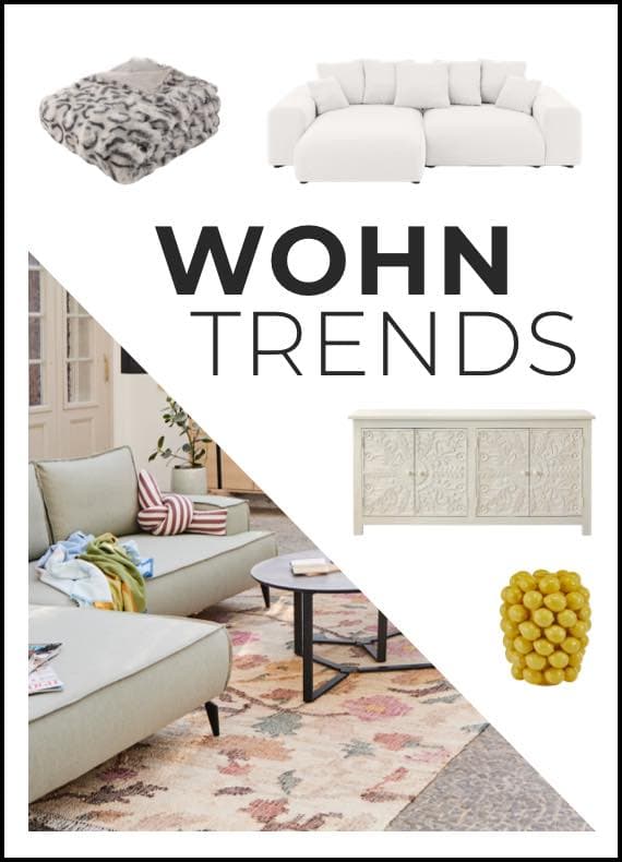 WOHN TRENDS – Collage aus gemütlichem Wohnzimmer, weißem Sofa, Kuscheldecke, Kommode und gelber Kerze