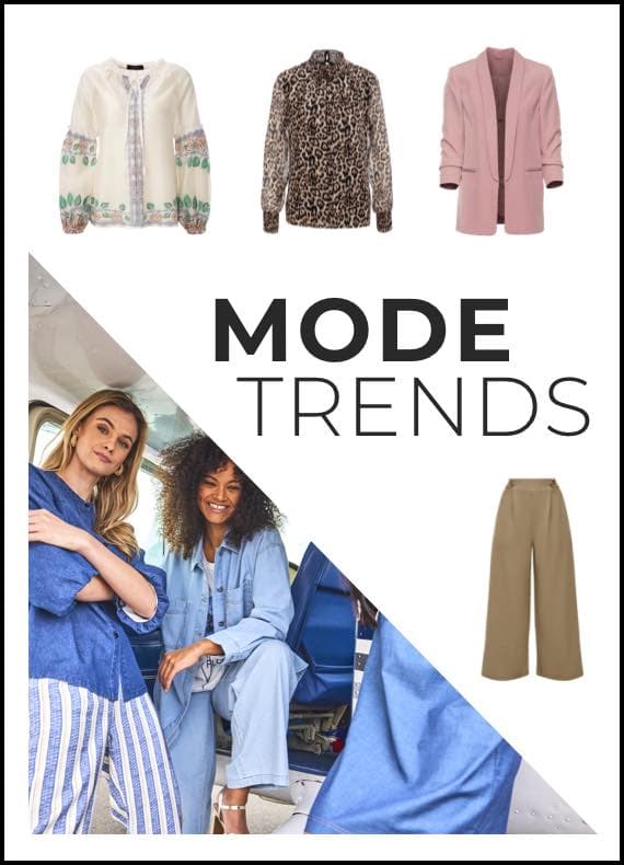 MODE TRENDS – Frauen in Blau, beige Hose, rosa Blazer, Leopardenbluse, weiße Jacke mit Blumenmuster
