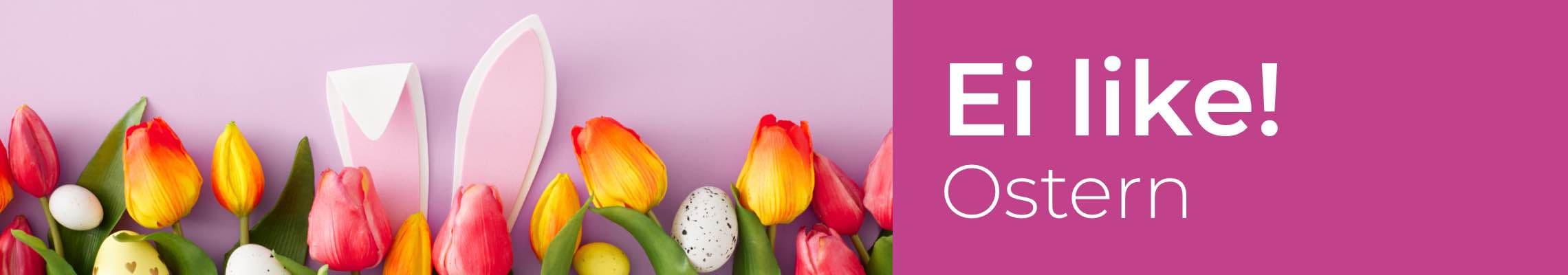Ei like! Ostern – Bunte Tulpen und Ostereier vor einem rosa Hintergrund mit Hasenohren.