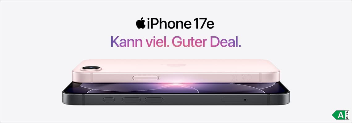 iPhone 17e – Kann viel. Guter Deal. Zwei iPhones liegen übereinander, eines rosa, das andere schwarz.