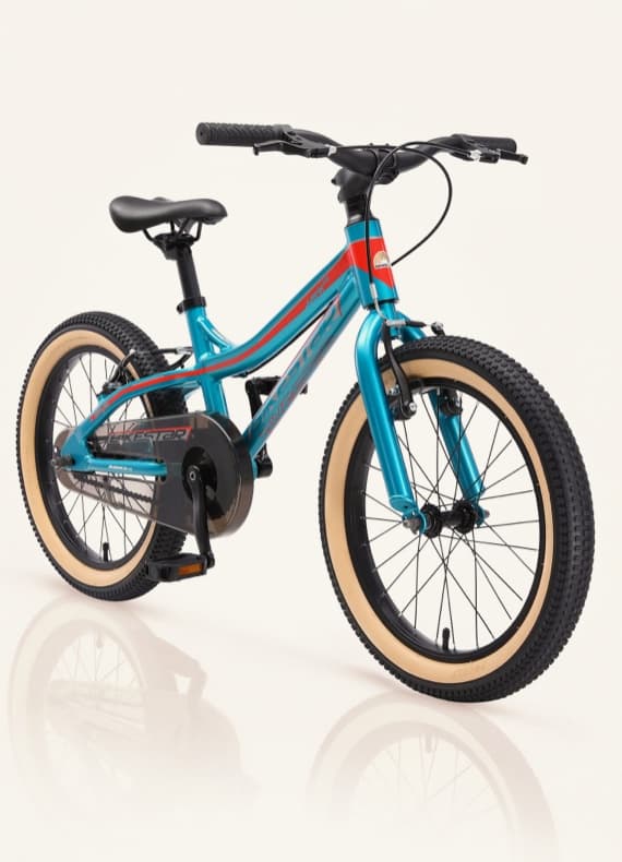 Kinderfahrrad in Blau und Rot mit schwarzen Reifen und Pedalen, seitlich fotografiert.