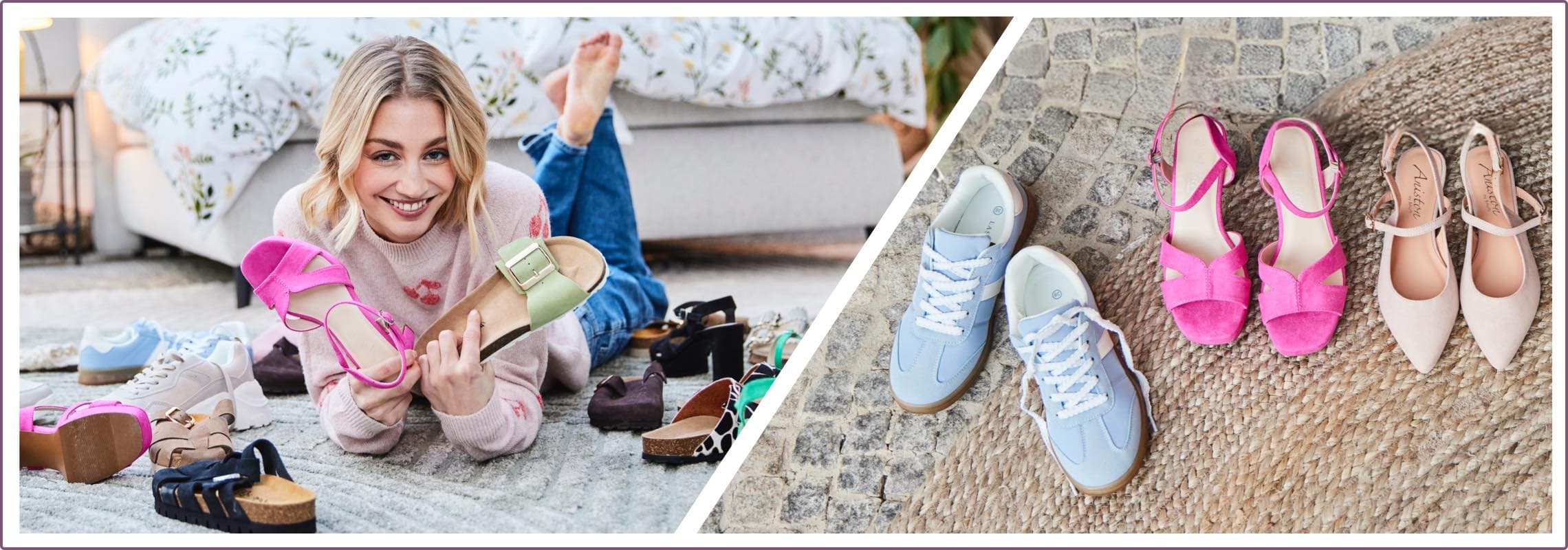 Frau in pinkem Pullover liegt auf dem Boden und hält zwei Sandalen, daneben verschiedene Schuhe, darunter Sneakers und Pumps.