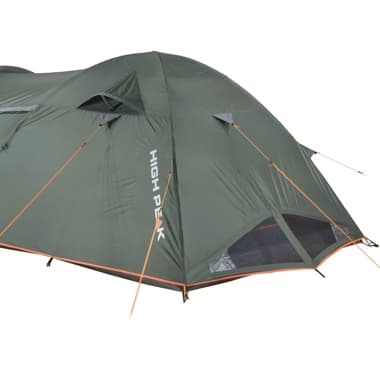 Grünes Zelt von High Peak mit orangefarbenen Abspannseilen und mehreren Lüftungsöffnungen