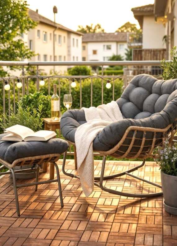 Gemütlicher Balkon mit Polstersessel und Hocker, offenem Buch, Decke, Weinflasche und Glas bei Abendlicht