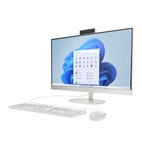 All-in-One-PC mit weißer Tastatur und Maus, Windows-Desktop angezeigt auf dem Bildschirm