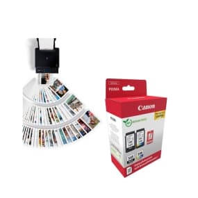 Canon Druckerpatrone PGMA, daneben Drucker mit ausgedruckten Fotos