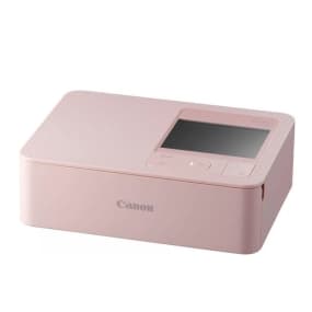 Kompakter rosa Canon-Drucker mit Display und Bedientasten auf der Oberseite.