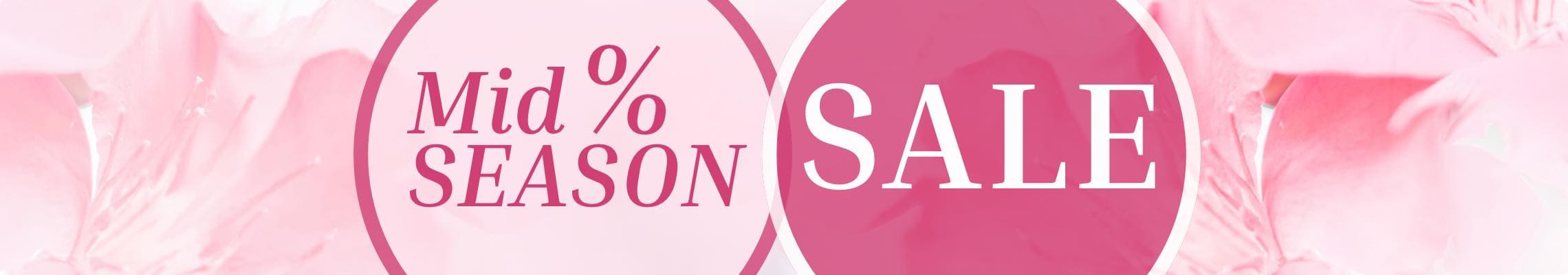 Mid Season Sale – rosa Banner mit zwei Kreisen und Blüten im Hintergrund