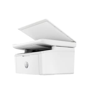 Weißer HP-Drucker mit offenem Scannerdeckel, seitliche Ansicht