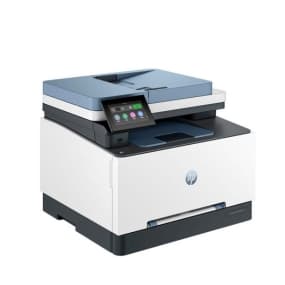 Multifunktionsdrucker mit Touchscreen und Papierfach, weißes Gehäuse mit blauen Akzenten