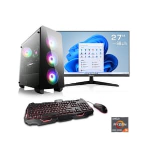 Gaming-PC mit Monitor, Tastatur und Maus. 27-Zoll-Monitor zeigt Windows-Desktop, AMD Ryzen 5-Logo im Bild.