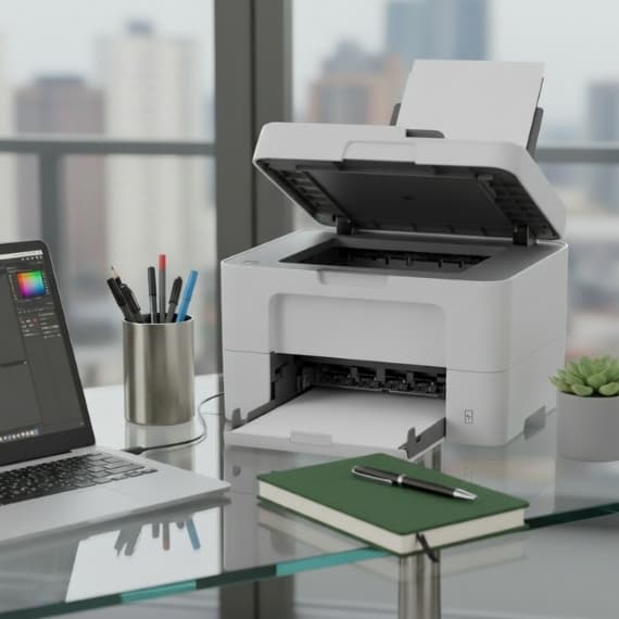 Moderner Schreibtisch mit Laptop, Stiftehalter, Notizbuch und offenem Drucker vor Stadtblick.