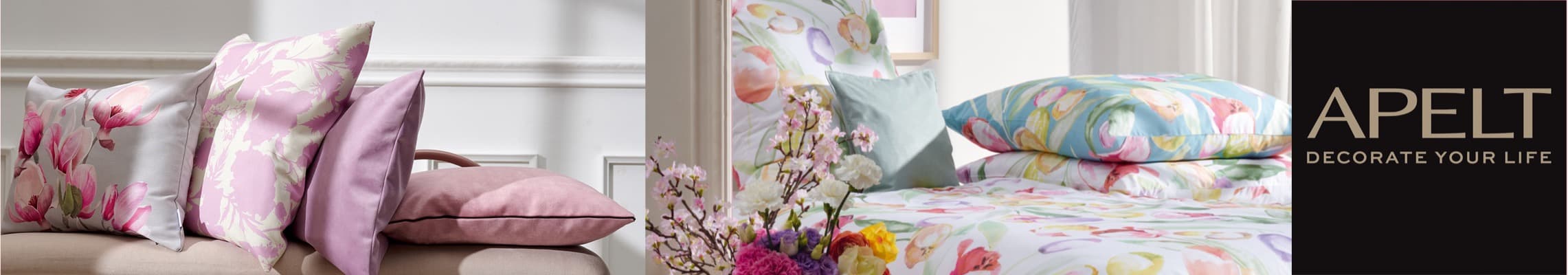 APELT DECORATE YOUR LIFE – Kissen und Bettwäsche mit floralen Mustern, neben Blumenarrangement auf Bett
