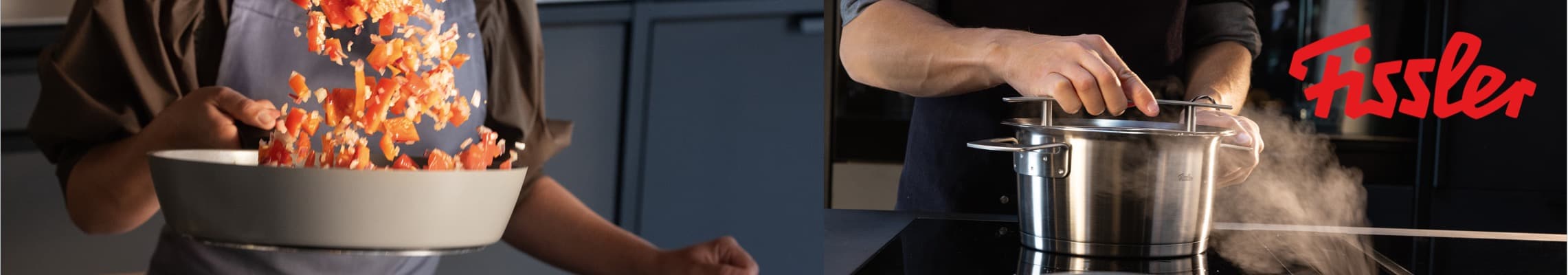 Fissler – Person schwenkt Gemüse in Pfanne, andere Person hebt Topfdeckel mit Dampf