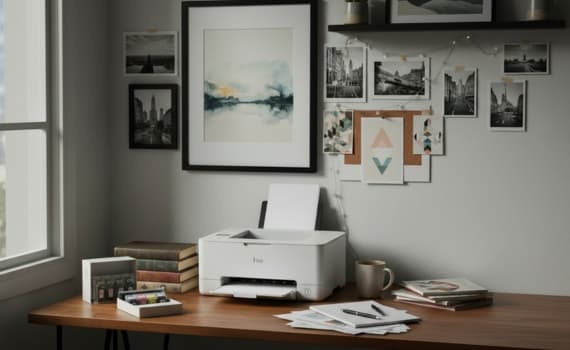 Schreibtisch mit Computer, Drucker, Büchern und Fotos an der Wand. Schachtel mit Druckerpatronen, Lampe und Notizbuch vorhanden.