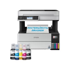 Kostengünstig drucken – Epson Drucker und vier Tintenflaschen in verschiedenen Farben.