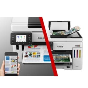 Zwei Canon Drucker im Vergleich, links Drucker mit Smartphone, rechts Drucker mit Scanfunktion und bedrucktem Papier.