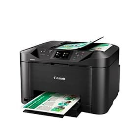 Schwarzer Canon-Drucker druckt farbige Dokumente, eines wird oben eingezogen.