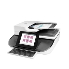 Moderner Scanner mit Tablet und Tastatur, auf dem Tablet sind mehrere farbige Icons zu sehen