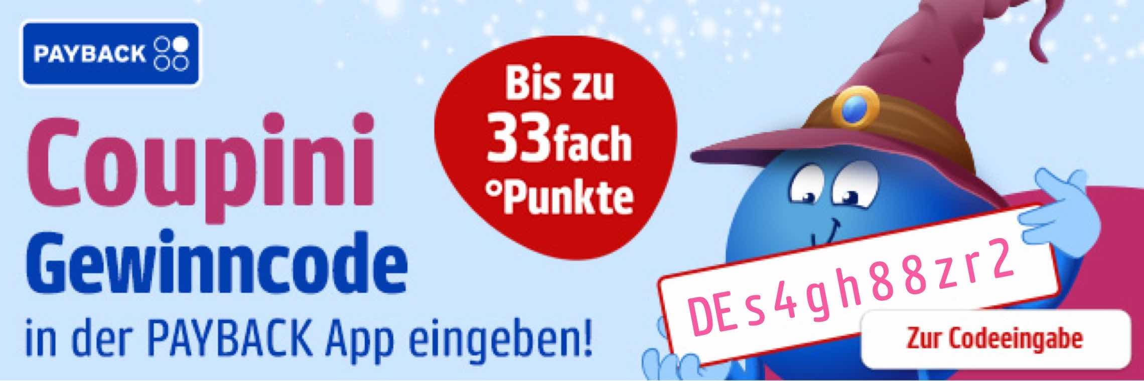 Bis zu 33fach Punkte – Coupini Gewinncode in der PAYBACK App eingeben, Figur hält Code „DEs4gh88zr2“