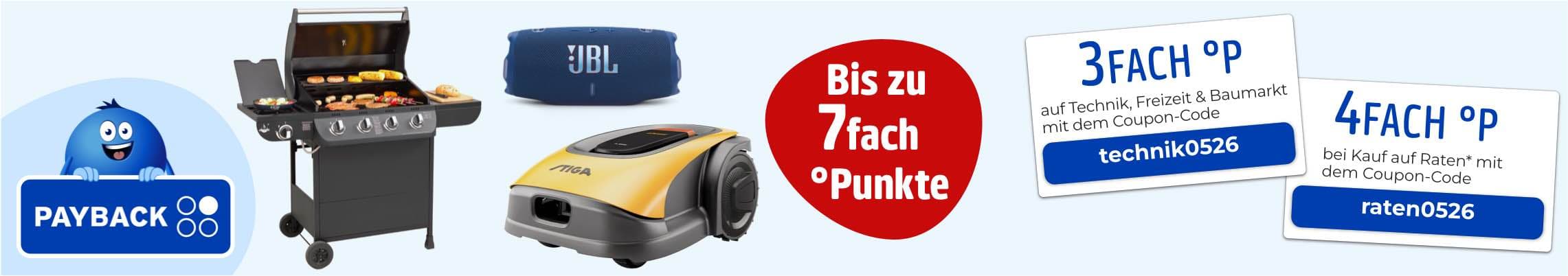 Bis zu 7fach °Punkte – Payback Figur neben Grill, Lautsprecher, Mähroboter und Coupons für 3fach und 4fach Punkte