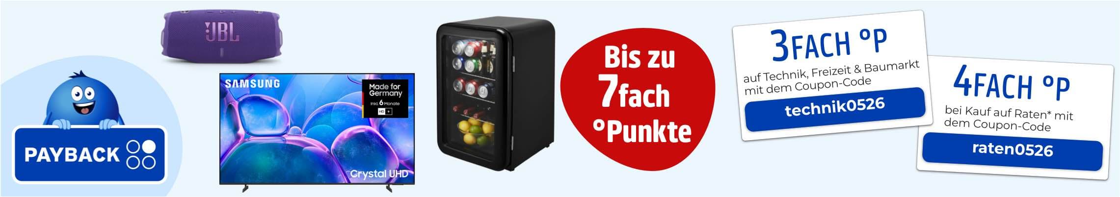 Bis zu 7fach PAYBACK Punkte – Technikangebote mit Lautsprecher, Fernseher, Minikühlschrank und zwei Coupon-Codes
