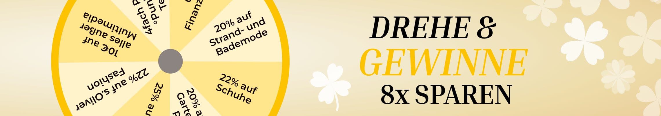 Drehe & gewinne – Glücksrad mit acht Rabattfeldern vor gelbem Hintergrund mit Kleeblättern