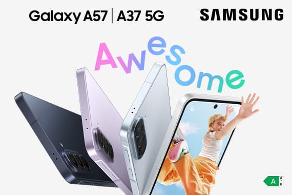 Awesome – Samsung Galaxy A57 und A37 5G in drei Farben, daneben Kind springt fröhlich auf Smartphone-Display