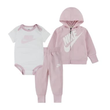 Babyset mit weißem Body, rosa Jogginghose und rosa Kapuzenjacke mit großem Nike Logo