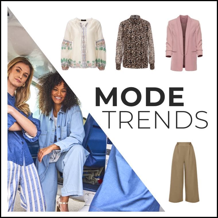 Mode Trends – Collage mit Frauen in Jeanslook, Bluse mit Muster, Leo-Bluse, rosa Blazer und weiter beigefarbener Hose