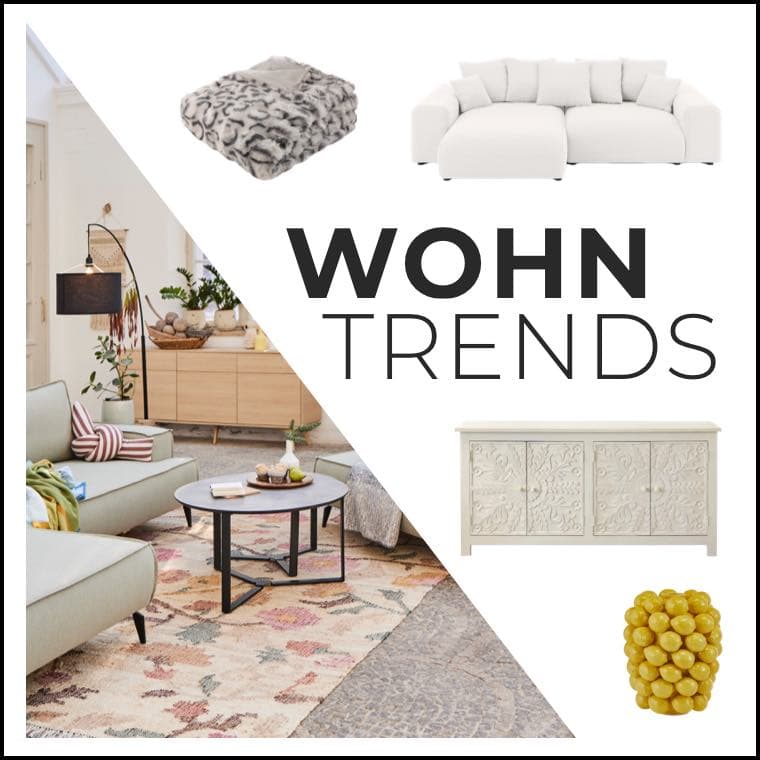 WOHNTRENDS – Collage mit modernem Wohnzimmer, weißem Sofa, gemusterter Decke, Sideboard und gelber Dekovase