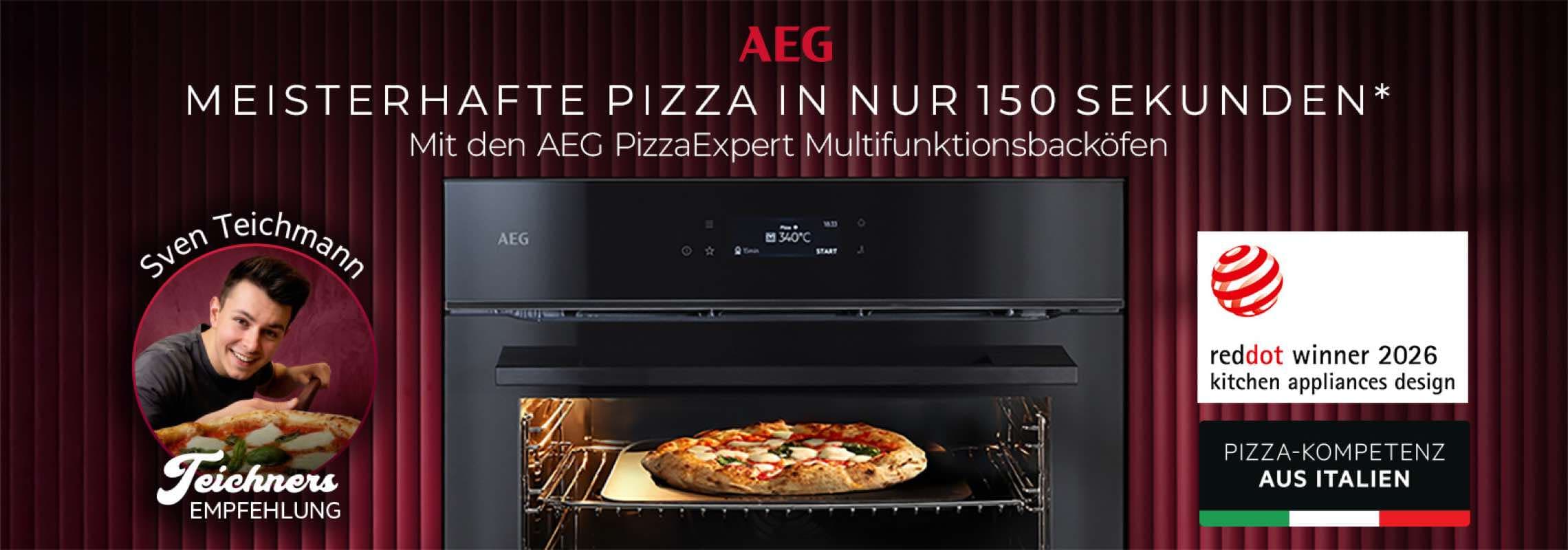 AEG – meisterhafte Pizza in nur 150 Sekunden, schwarzer Backofen mit Pizza, Siegel reddot winner 2026 und Pizza-Kompetenz aus Italien