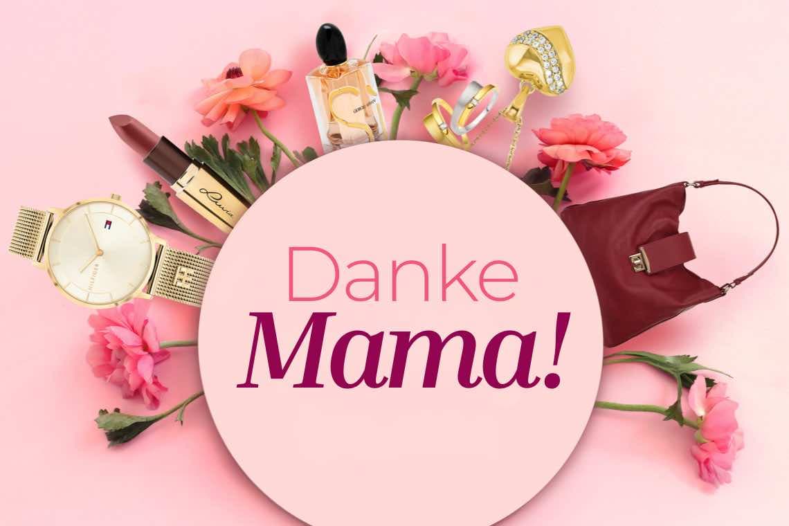 Danke Mama! – Uhr, Lippenstift, Parfum, Ringe und Handtasche zwischen rosa Blumen auf rosa Hintergrund