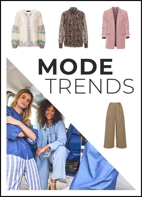 MODE TRENDS – Zwei Frauen in Jeanskleidung, daneben Bluse, Leopardenhemd, rosa Blazer und beige Hose.