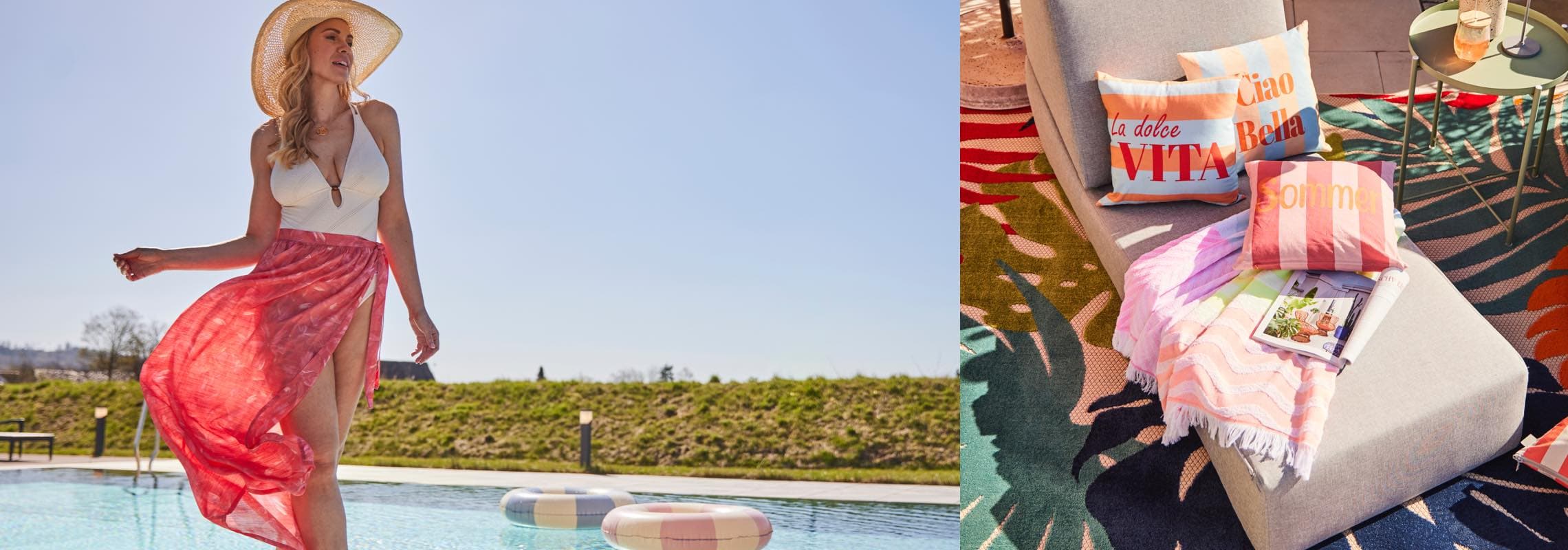 La dolce Vita, Ciao Bella, Sommer – Frau im Badeanzug am Pool, daneben Liege mit bunten Kissen und Handtuch