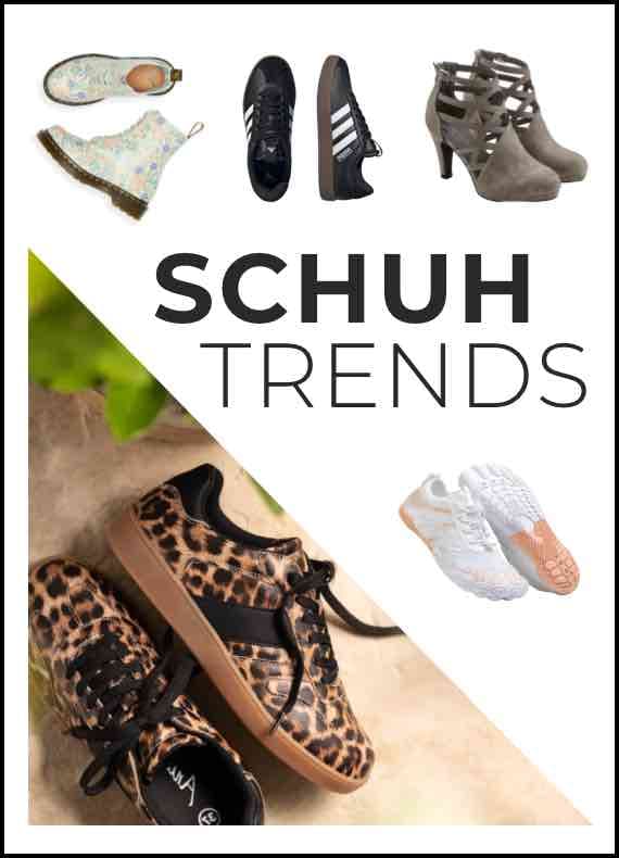 Schuh Trends – verschiedene Schuhe, darunter Sneakers mit Leopardenmuster und weiße Sportschuhe