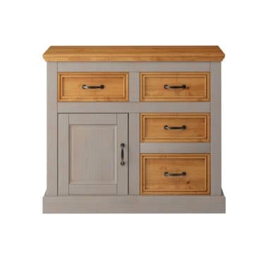 Zweitönige Kommode mit drei Schubladen rechts, zwei oben und einer unten, sowie Tür mit Griff links