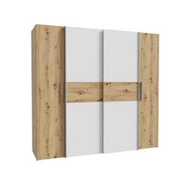 Vierriegeliger Kleiderschrank mit Schiebetüren in Weiß und mittigem Holzstreifen, Holzrahmen an den Seiten