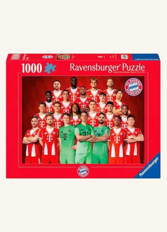 Ravensburger Puzzle 1000 Teile – Mannschaftsfoto des FC Bayern in roten Trikots mit zwei Spielern in grünen Trikots