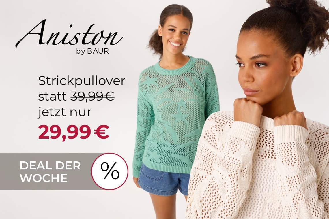 Strickpullover statt 39,99 € jetzt nur 29,99 € – zwei Frauen in Lochmuster-Pullovern, eine mintgrün, eine cremefarben