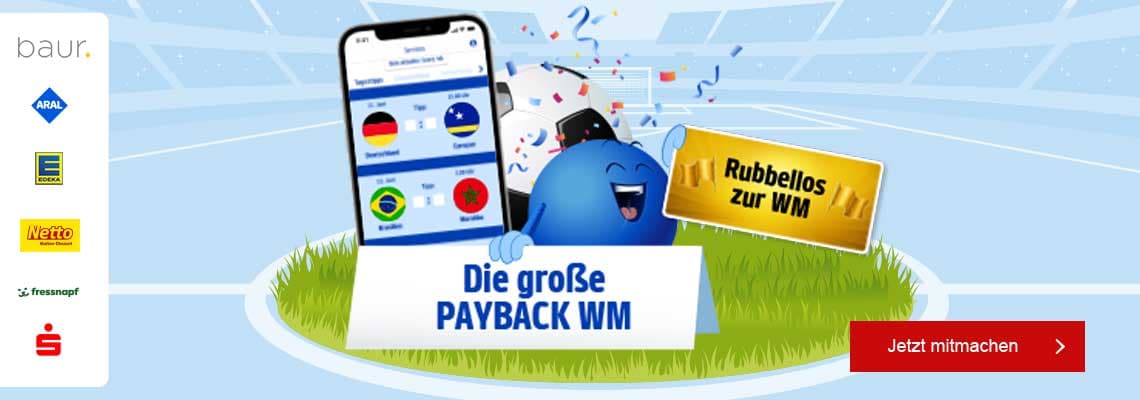 Die große PAYBACK WM – blaues Maskottchen mit Rubbellos neben Handy, Logos von Partnern und Button „Jetzt mitmachen“