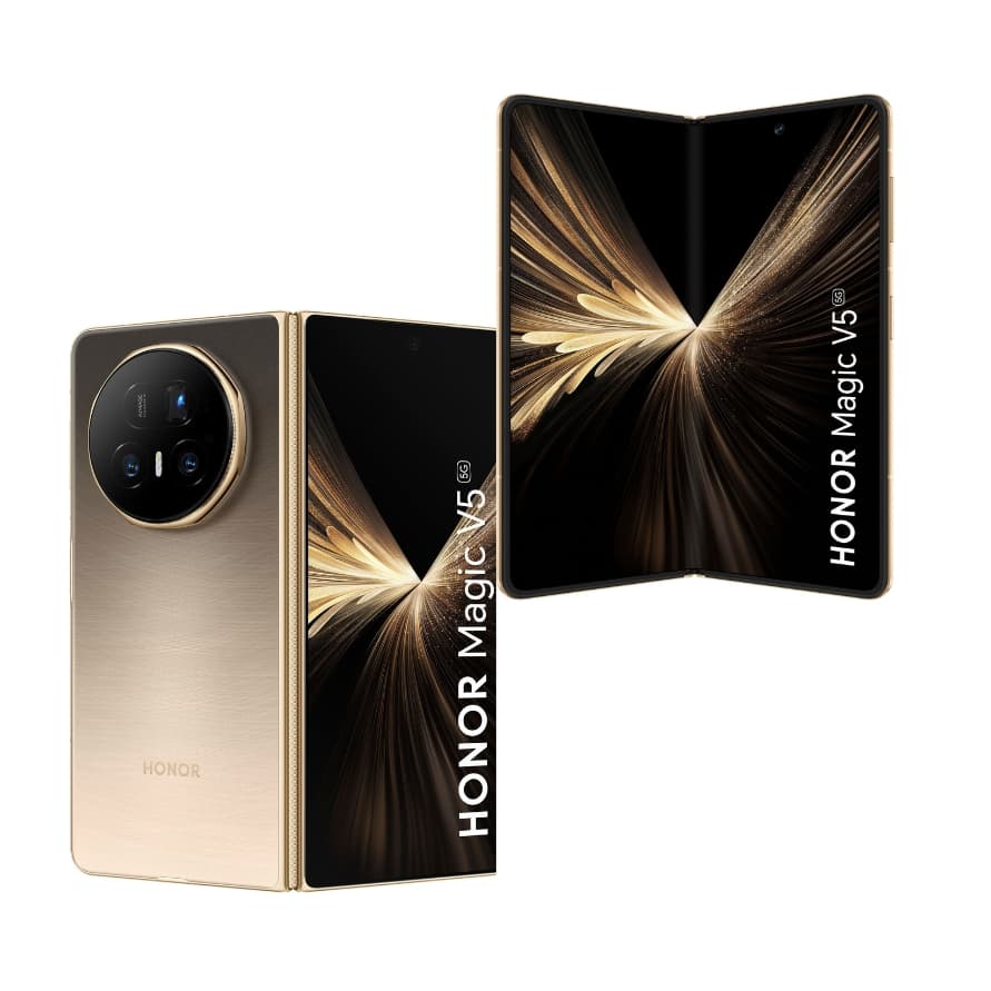 HONOR Magic V5 5G – goldenes Falt-Smartphone, einmal geschlossen und einmal aufgeklappt mit abstraktem Lichtmotiv auf dem Display