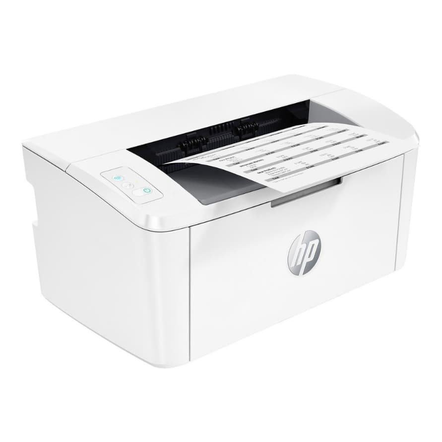 Weißer HP-Laserdrucker druckt ein Blatt mit Tabellen und Text aus der oberen Papierausgabe