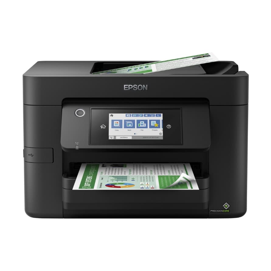 Epson Multifunktionsdrucker von vorn, mit Touchscreen-Bedienfeld und farbigem Dokument im Einzug und Ausgabefach